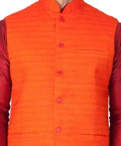 Vastramay Men's Maroon Cotton Silk Blend Kurta, Ethnic Jacket And Pyjama Set