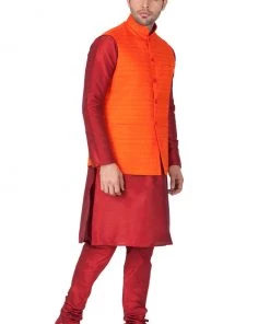 Vastramay Men's Maroon Cotton Silk Blend Kurta, Ethnic Jacket And Pyjama Set