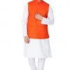 Vastramay Men's White Cotton Blend Kurta, Ethnic Jacket And Pyjama Set