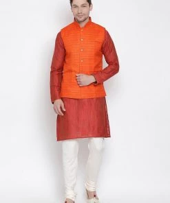 Vastramay Men's Maroon Cotton Silk Blend Kurta, Ethnic Jacket And Pyjama Set