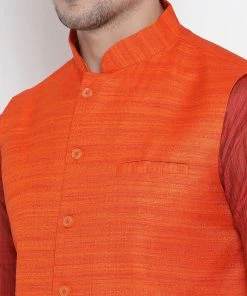 Vastramay Men's Maroon Cotton Silk Blend Kurta, Ethnic Jacket And Pyjama Set