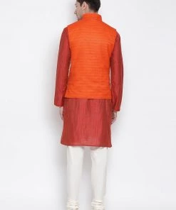 Vastramay Men's Maroon Cotton Silk Blend Kurta, Ethnic Jacket And Pyjama Set