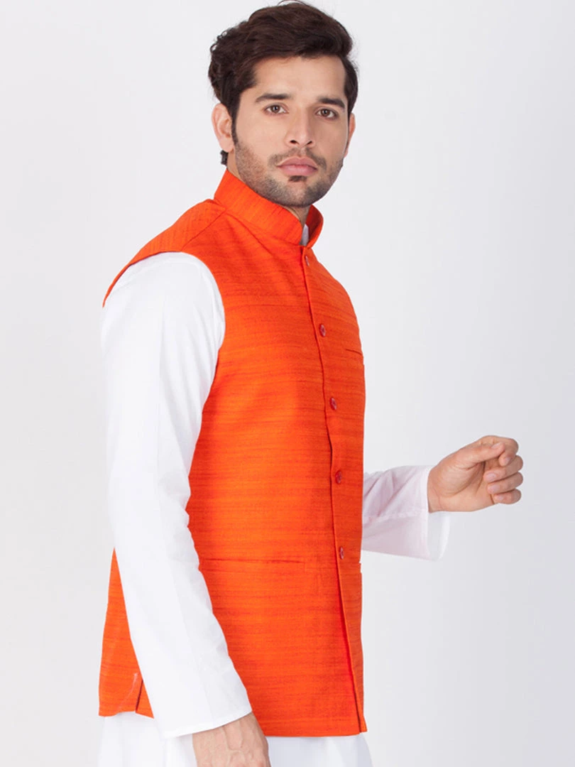 VASTRAMAY Men's Orange Cotton Blend Nehru Jacket 4 VASTRAMAY Men's Orange Cotton Blend Nehru Jacket