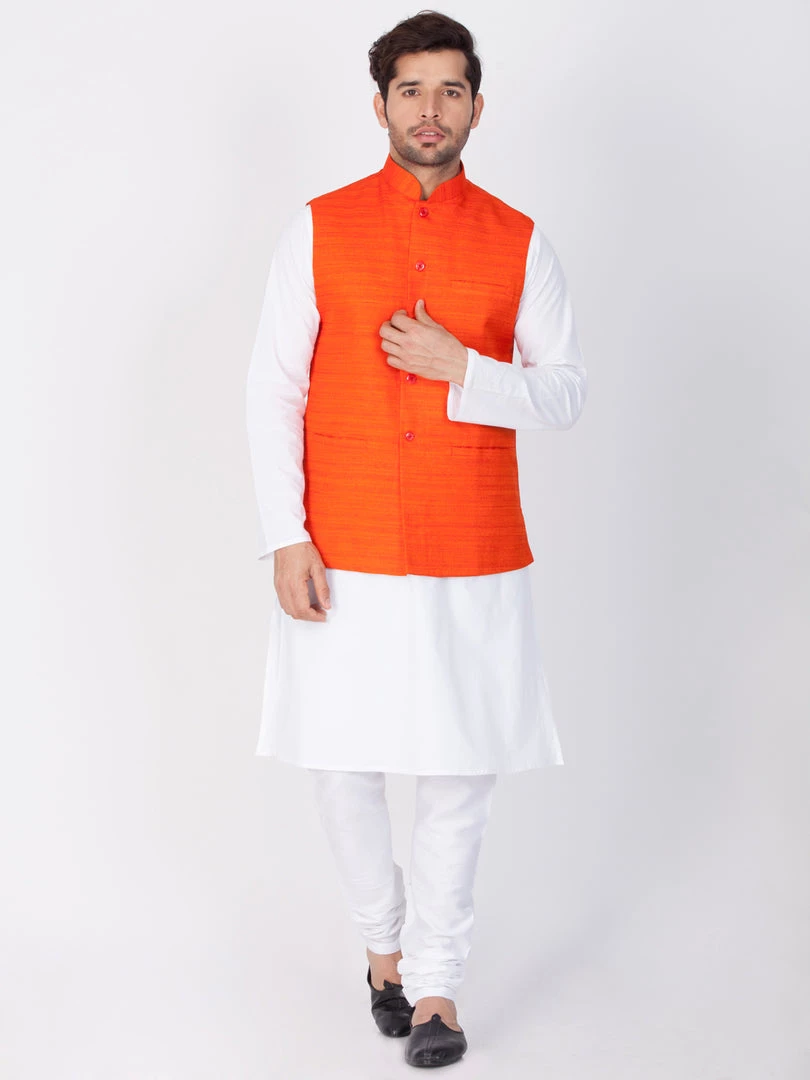 VASTRAMAY Men's Orange Cotton Blend Nehru Jacket 7 VASTRAMAY Men's Orange Cotton Blend Nehru Jacket