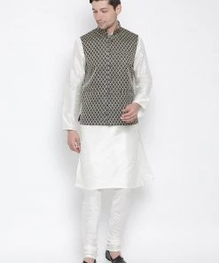 Vastramay Jacket Kurta Sets Men's White Cotton Silk Blend Kurta, Ethnic Jacket And Pyjama Set