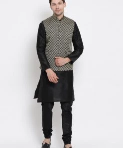 Vastramay Silk Blend Black And Gold Baap Beta Jacket Kurta Pyjama Set