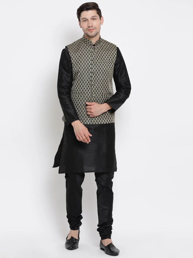 Vastramay Jacket Kurta Sets Men's Black Cotton Silk Blend Kurta, Ethnic Jacket And Pyjama Set 3 Vastramay Jacket Kurta Sets Men's Black Cotton Silk Blend Kurta, Ethnic Jacket And Pyjama Set