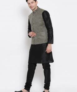 Vastramay Jacket Kurta Sets Men's Black Cotton Silk Blend Kurta, Ethnic Jacket And Pyjama Set