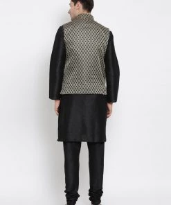 Vastramay Jacket Kurta Sets Men's Black Cotton Silk Blend Kurta, Ethnic Jacket And Pyjama Set 11 Vastramay Jacket Kurta Sets Men's Black Cotton Silk Blend Kurta, Ethnic Jacket And Pyjama Set