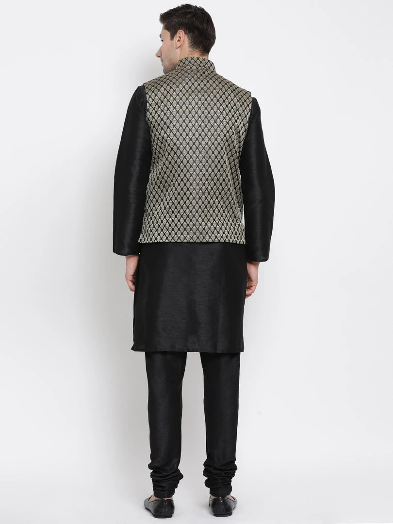 Vastramay Jacket Kurta Sets Men's Black Cotton Silk Blend Kurta, Ethnic Jacket And Pyjama Set 6 Vastramay Jacket Kurta Sets Men's Black Cotton Silk Blend Kurta, Ethnic Jacket And Pyjama Set