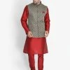 Vastramay Jacket Kurta Sets Men's Maroon Cotton Silk Blend Kurta, Ethnic Jacket And Pyjama Set