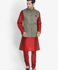 Vastramay Jacket Kurta Sets Men's Maroon Cotton Silk Blend Kurta, Ethnic Jacket And Pyjama Set