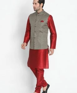 Vastramay Jacket Kurta Sets Men's Maroon Cotton Silk Blend Kurta, Ethnic Jacket And Pyjama Set