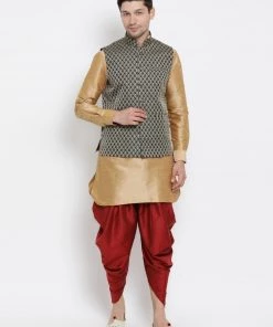 Vastramay Men & Boys Maroon Gold Cotton Silk Dhoti Kutra & Jacket Set