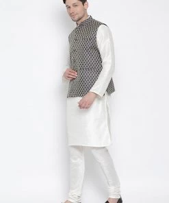 Vastramay Men's White Cotton Silk Blend Kurta, Ethnic Jacket And Pyjama Set