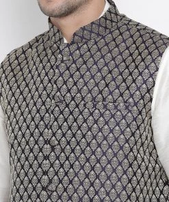 Vastramay Men's White Cotton Silk Blend Kurta, Ethnic Jacket And Pyjama Set