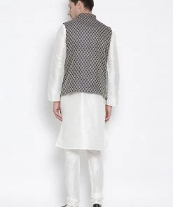 Vastramay Men's White Cotton Silk Blend Kurta, Ethnic Jacket And Pyjama Set