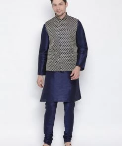 Vastramay Men's Dark Blue Cotton Silk Blend Kurta, Ethnic Jacket And Pyjama Set