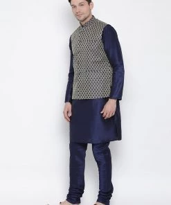 Vastramay Navy Blue And Gold Silk Blend Baap Beta Jacket Kurta Pyjama Set