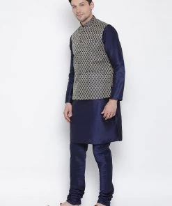 Vastramay Men's Dark Blue Cotton Silk Blend Kurta, Ethnic Jacket And Pyjama Set