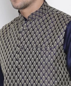 Vastramay Navy Blue And Gold Silk Blend Baap Beta Jacket Kurta Pyjama Set