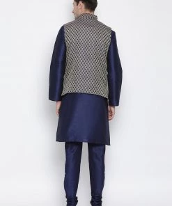 Vastramay Navy Blue And Gold Silk Blend Baap Beta Jacket Kurta Pyjama Set