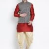 Vastramay Men's Maroon Cotton Silk Blend Ethnic Jacket, Kurta And Dhoti Pant Set