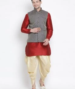 Vastramay Men's Maroon Cotton Silk Blend Ethnic Jacket, Kurta And Dhoti Pant Set