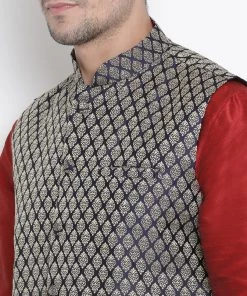 Vastramay Men's Maroon Cotton Silk Blend Ethnic Jacket, Kurta And Dhoti Pant Set