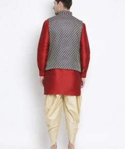 Vastramay Men's Maroon Cotton Silk Blend Ethnic Jacket, Kurta And Dhoti Pant Set