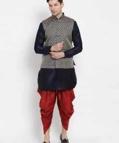 Vastramay Men's Dark Blue Cotton Silk Blend Ethnic Jacket, Kurta And Dhoti Pant Set