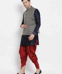 Vastramay Men's Dark Blue Cotton Silk Blend Ethnic Jacket, Kurta And Dhoti Pant Set