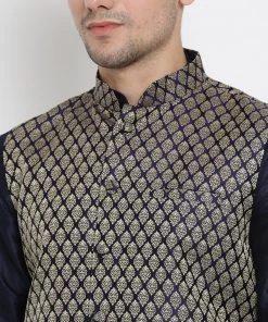 Vastramay Men's Dark Blue Cotton Silk Blend Ethnic Jacket, Kurta And Dhoti Pant Set