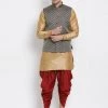 Vastramay Men's Gold Cotton Silk Blend Ethnic Jacket, Kurta And Dhoti Pant Set