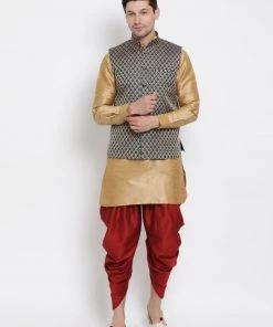Vastramay Men's Gold Cotton Silk Blend Ethnic Jacket, Kurta And Dhoti Pant Set