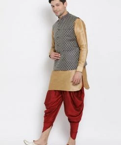 Vastramay Silk Blend Rose Gold And Navy Blue Baap Beta Jacket Dhoti Kurta Set