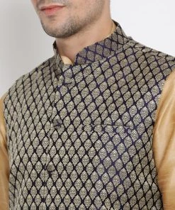 Vastramay Men's Gold Cotton Silk Blend Ethnic Jacket, Kurta And Dhoti Pant Set