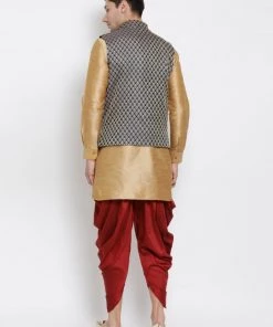 Vastramay Silk Blend Rose Gold And Navy Blue Baap Beta Jacket Dhoti Kurta Set