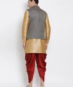 Vastramay Men's Gold Cotton Silk Blend Ethnic Jacket, Kurta And Dhoti Pant Set