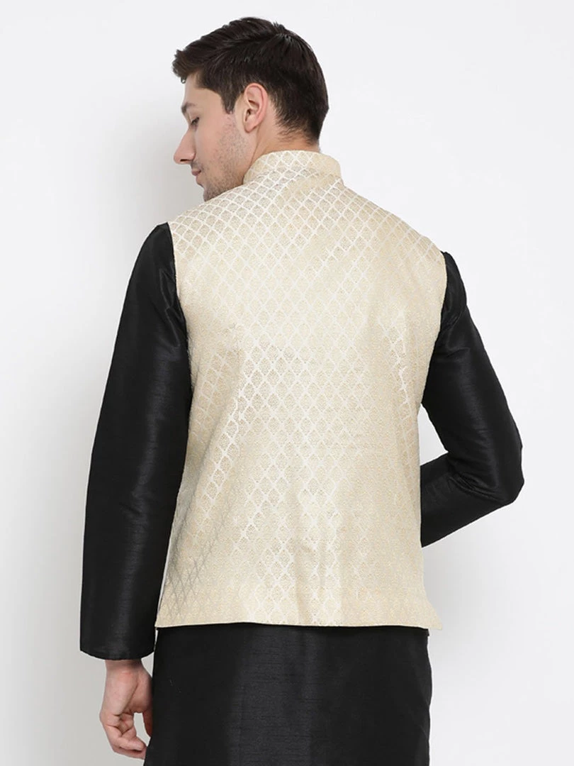 Vastramay Men's Cream Silk Blend Ethnic Jacket 6 Vastramay Men's Cream Silk Blend Ethnic Jacket
