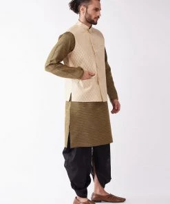VASTRAMAY Men's Cream Silk Blend Ethnic Jacket, Black Kurta And Dhoti Set