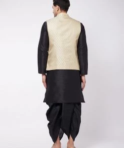 VASTRAMAY Men's Black Silk Blend Kurta And Dhoti With Cream Woven Nehru Jacket