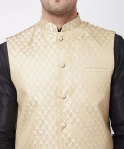 VASTRAMAY Men's Black Silk Blend Kurta And Dhoti With Cream Woven Nehru Jacket