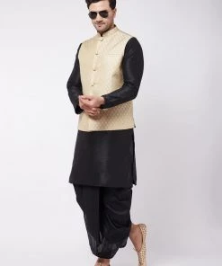 VASTRAMAY Men's Black Silk Blend Kurta And Dhoti With Cream Woven Nehru Jacket