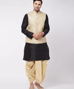 VASTRAMAY Men's Black Silk Blend Kurta And Dhoti With Cream Woven Nehru Jacket