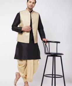 VASTRAMAY Men's Black Silk Blend Kurta And Dhoti With Cream Woven Nehru Jacket