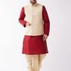 Vastramay Men's Maroon And Gold Solid Silk Blend Kurta And Dhoti With Cream Nehru Jacket