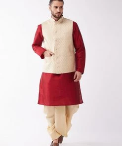 Vastramay Men's Maroon And Gold Solid Silk Blend Kurta And Dhoti With Cream Nehru Jacket