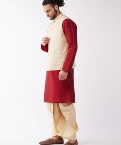 Vastramay Men's Maroon And Gold Solid Silk Blend Kurta And Dhoti With Cream Nehru Jacket