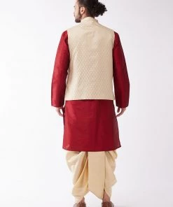 Vastramay Men's Maroon And Gold Solid Silk Blend Kurta And Dhoti With Cream Nehru Jacket